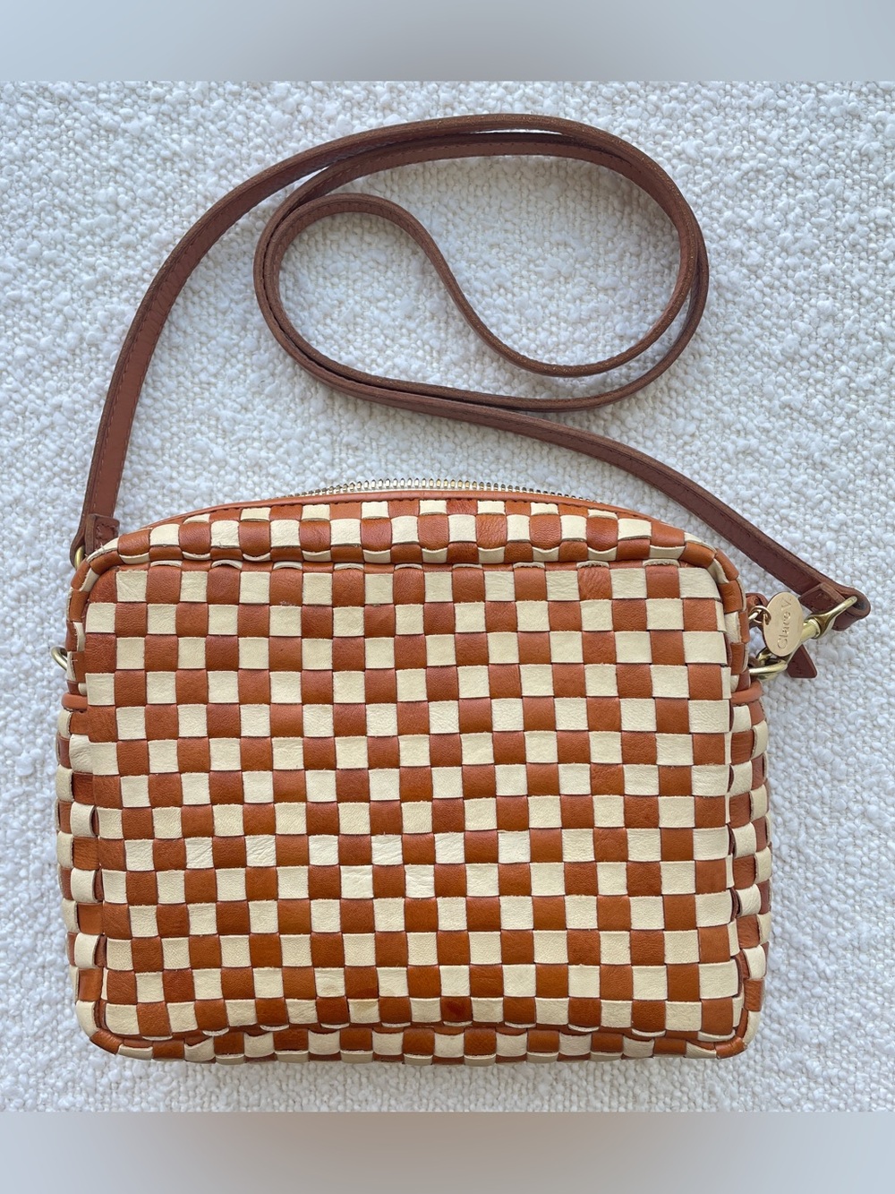 Clare V. Midi Sac Crossbody in Natural & Cream Woven Checker